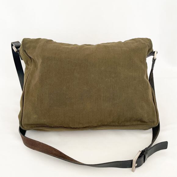FENDI Vintage Messenger Bag Khaki Canvas Black Leather Adjustable Strap Unisex - Picture 3 of 13